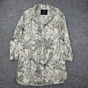 Tahari Shirt Dress Womens Small Black White Linen Coastal Leaf Print Tropical